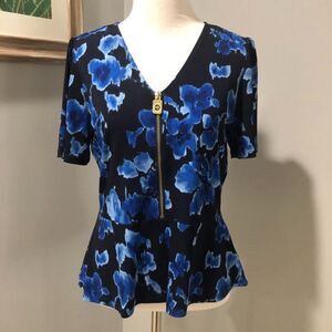 Michael Kors Navy Light Blue Floral Peplum Gold Zipper Blouse Shirt Top Sz Small